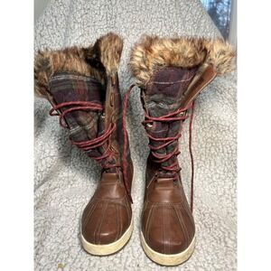 Marley Womens Brown Plaid Faux Fur Trim Lace Up Winter Duck Boots‎ Size 8